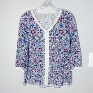 Kim Rogers Boho Print Crochet Trim 3/4 Sleeve Top